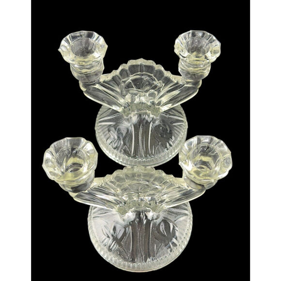 Vintage Art Deco Glass Double Candle Holders Shell Fan Design 2 Candlesticks - Picture 11 of 16